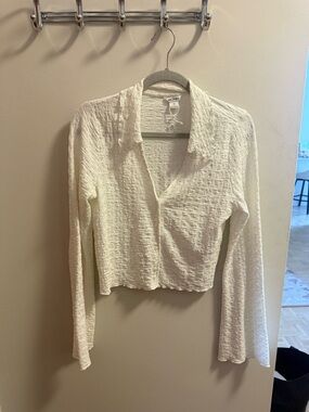 Monki Cream Textured Button-Down Crop Shirt